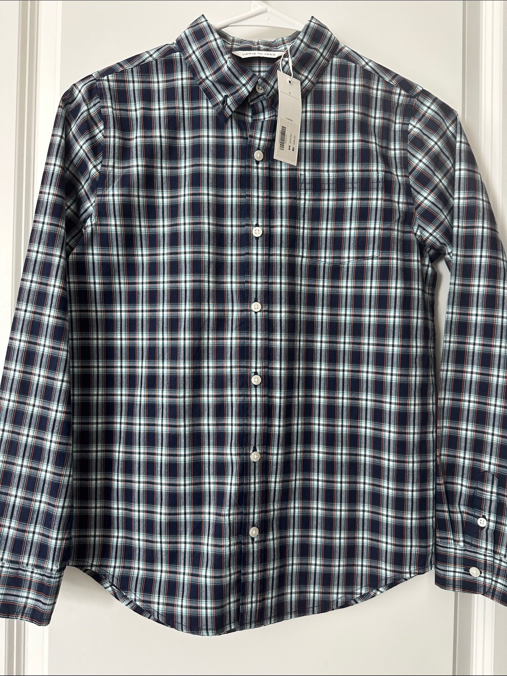 New Blue Plaid Button Down Shirt, Size 12.